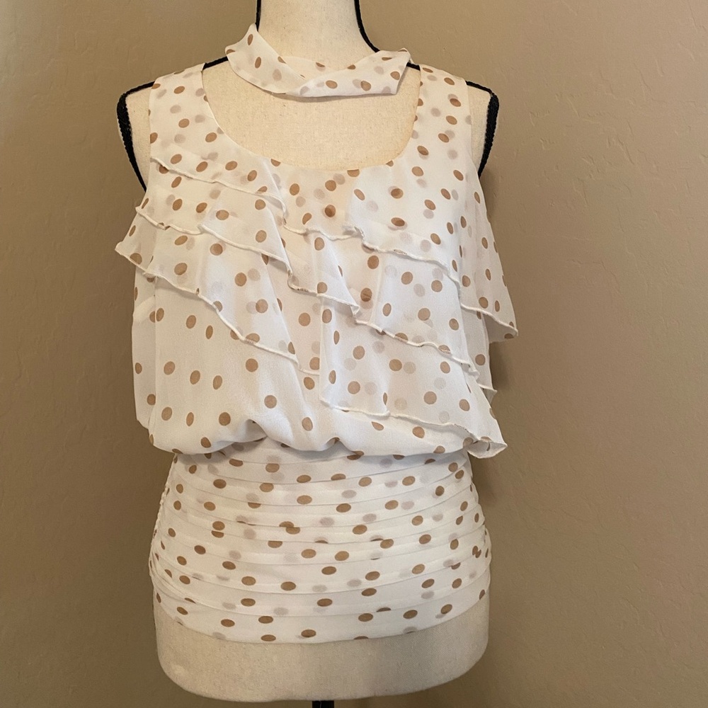 Cream ruffled blouse with tan polkadots, included scarf/hair tie.